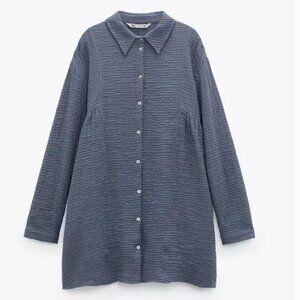 Zara Long Sleeve Blue Gray Crinkle Gauzy-cotton Mini Dress Size Medium NWOT